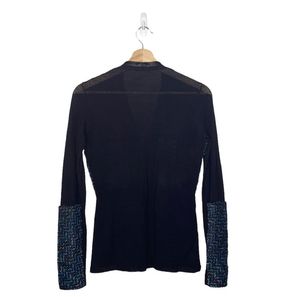 ELLIE Tahari Top Blue Black Twill Wool Blend Zippered Elbow Patch Womens X Small - Picture 2 of 12